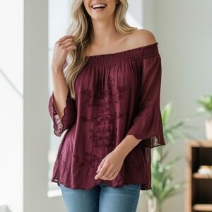 NWT CAITE Burgundy Embroidered Top Small Floral Cotton Gauze Peasant Bell Sleeve